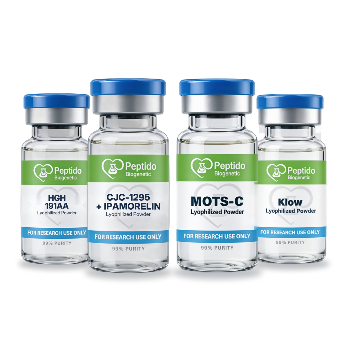 Los 4 viales del stack Modo Bestia (máxima construcción): HGH 191AA, CJC-1295 + Ipamorelin, MOTS-c, KLOW